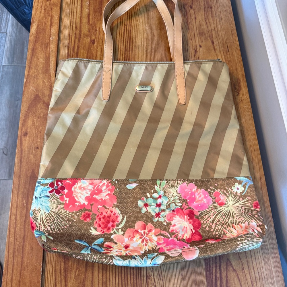 Oilily Striped‎ Floral Tote Bag Large Shoulder Bag Beach Travel Pink Floral